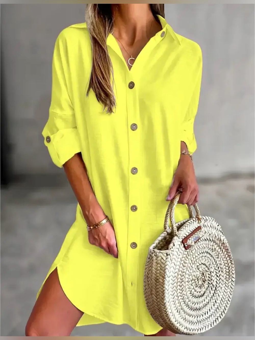 Linen-Style Button Front Shirt Dress in Lemon Yellow